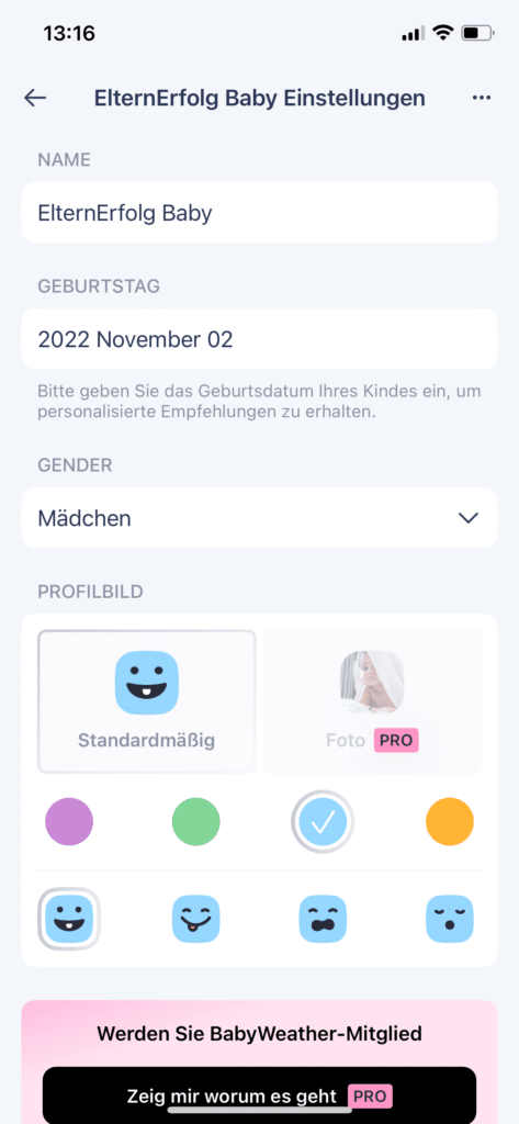 BabyWeather Baby Einstellungen